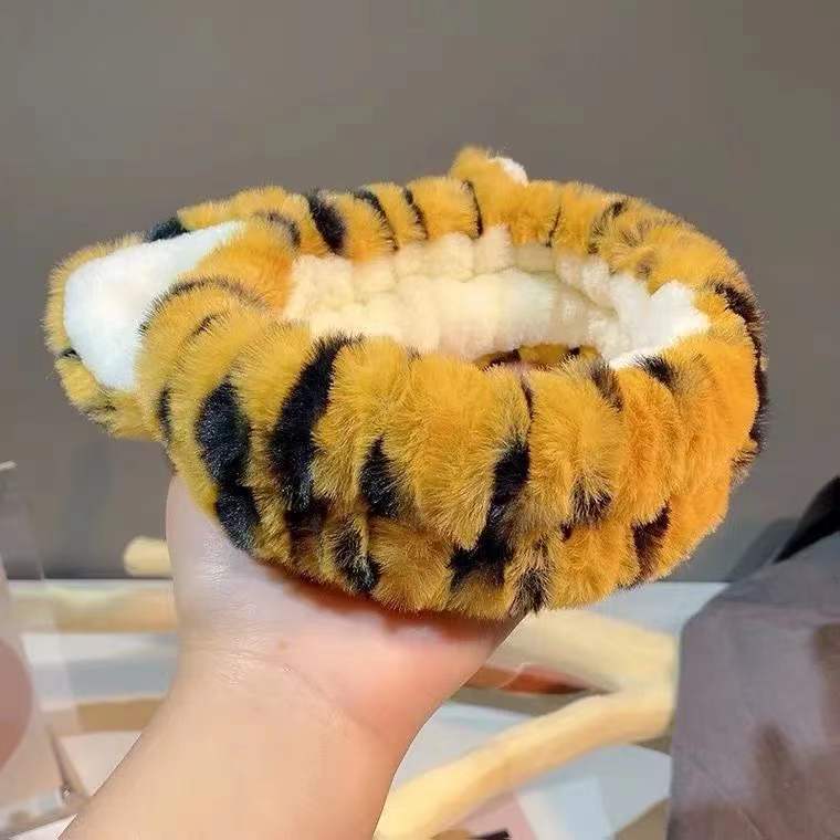 2023 Explosion Cartoon Cute Tiger Pattern Cat Ear Three-dimensional Hair Band Plush Face Wash Makeup Hair Accessories Hair Band