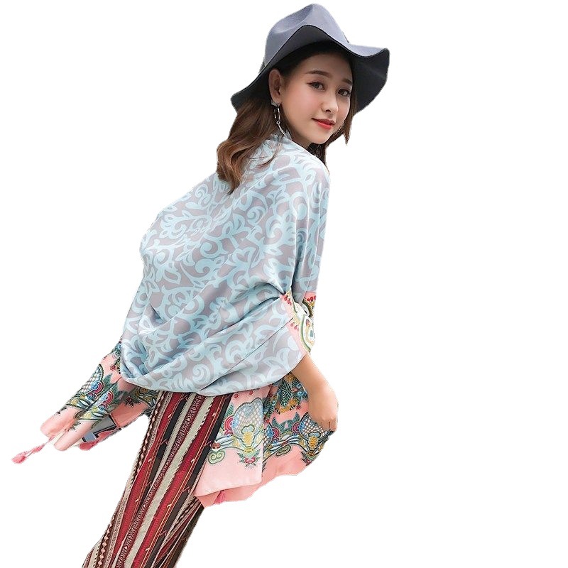 Spring and Summer Shawl Korean Ethnic Style Qinghai Tourism Seaside Beach Towel Sunscreen Gauze Shade Cotton and Linen Scarf Women
