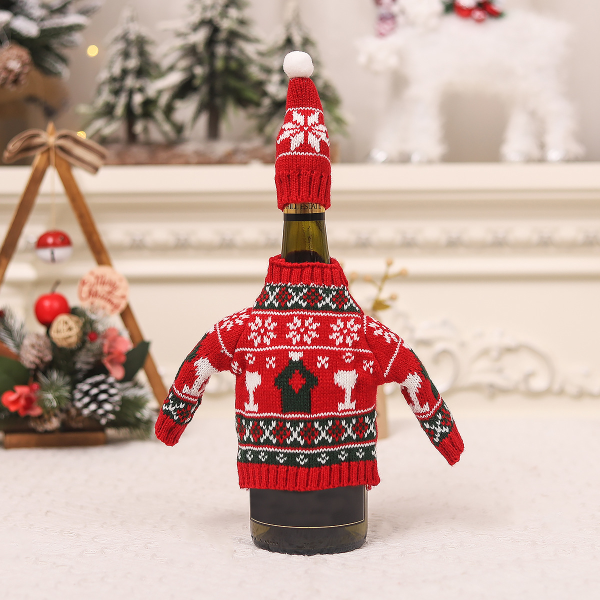Haus & Garten Weihnachtsschmuck Cartoon Rotweinflaschen-Set Wolle Schaf gestrickt zweiteiliges Bierset Champagnerset Esstischkleid_voghion.com