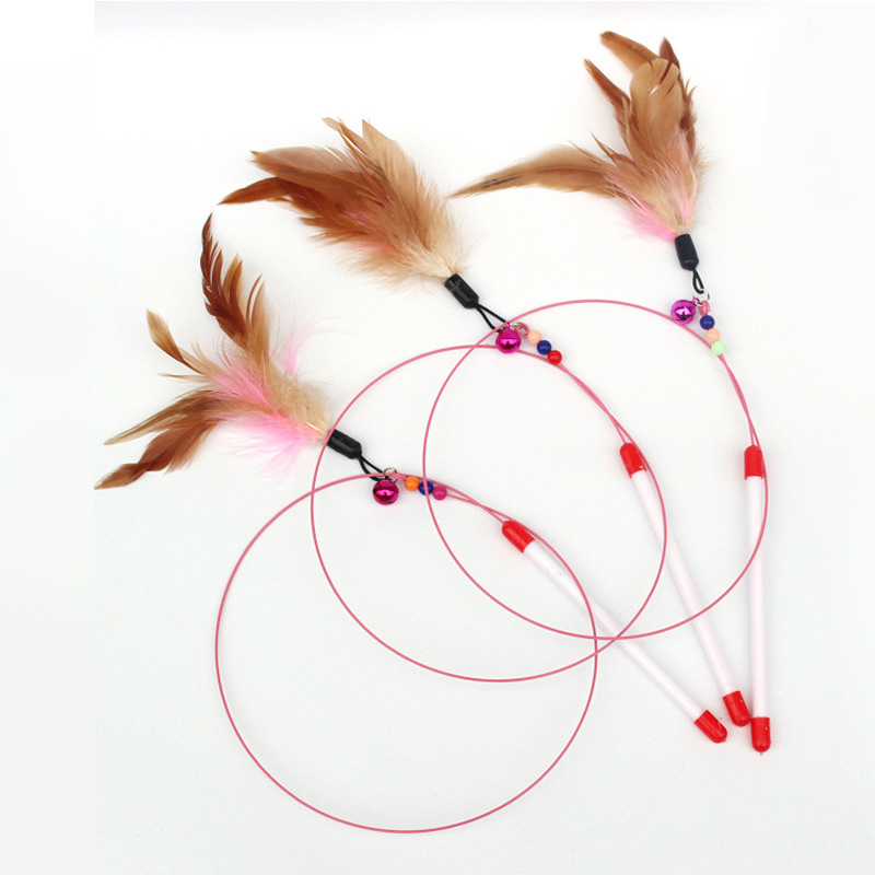 Factory direct long rod steel wire cat stick feather Bell cat stick replacement head interactive self-Hi bite resistant cat toy