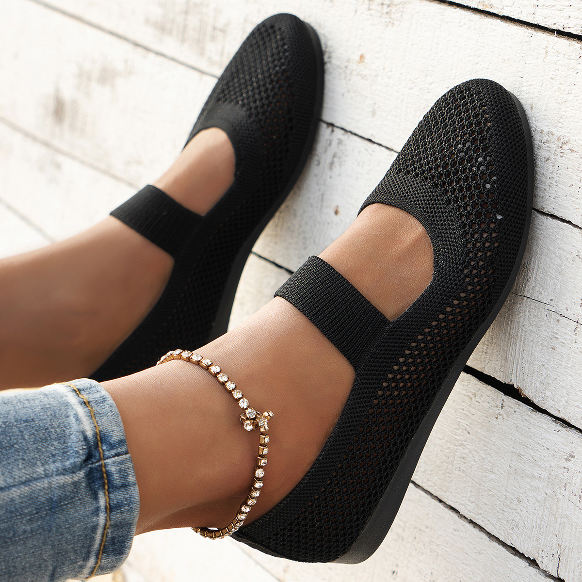 fly woven breathable flat bottom shallow mouth shoes women's cross-border hollow solid color round head dancing shoes wish supply