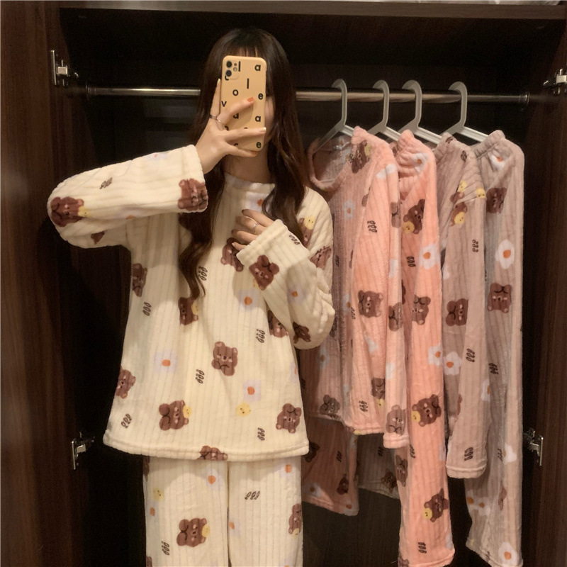 Autumn and Winter Coral Velvet Pajamas Women's Flannel Thickened Long-sleeved Home Clothes Peach Cotton Velvet Fashion plus size suit
