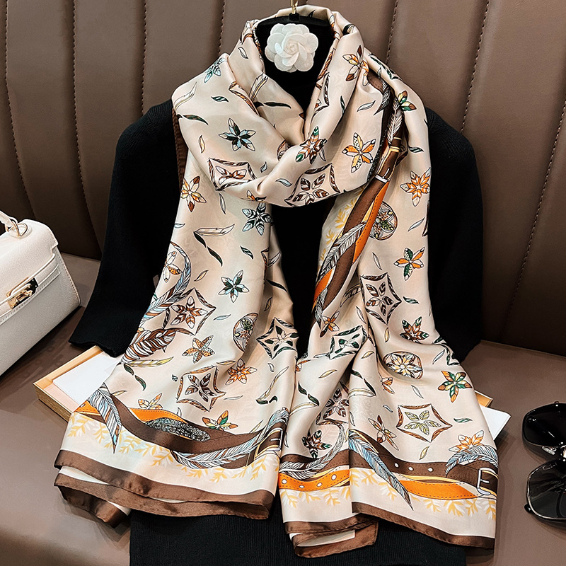Silk Scarf Women's Spring and Autumn New Arrival Brocade Satin Large Long Scarf Korean Fashion Printed Scarf Air Conditioning Shawl Outer Beach Towel