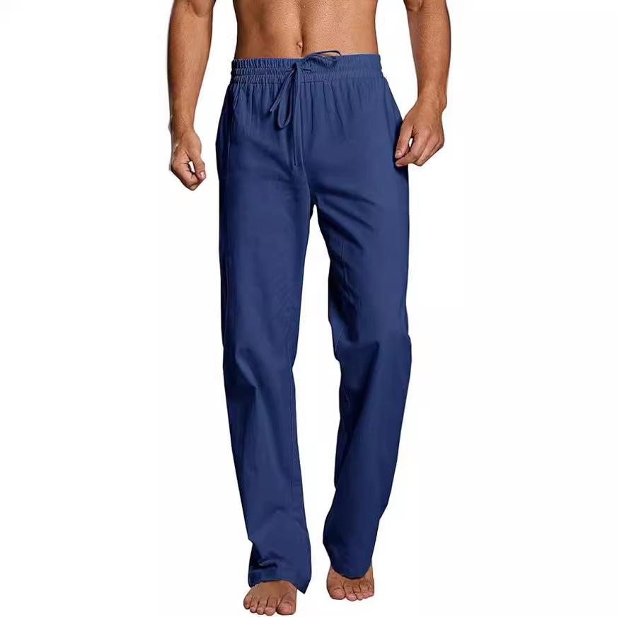 2023 men's cotton and linen trousers spring and autumn solid color Breathable linen trousers men's casual elastic waist fitness pants foreign trade
