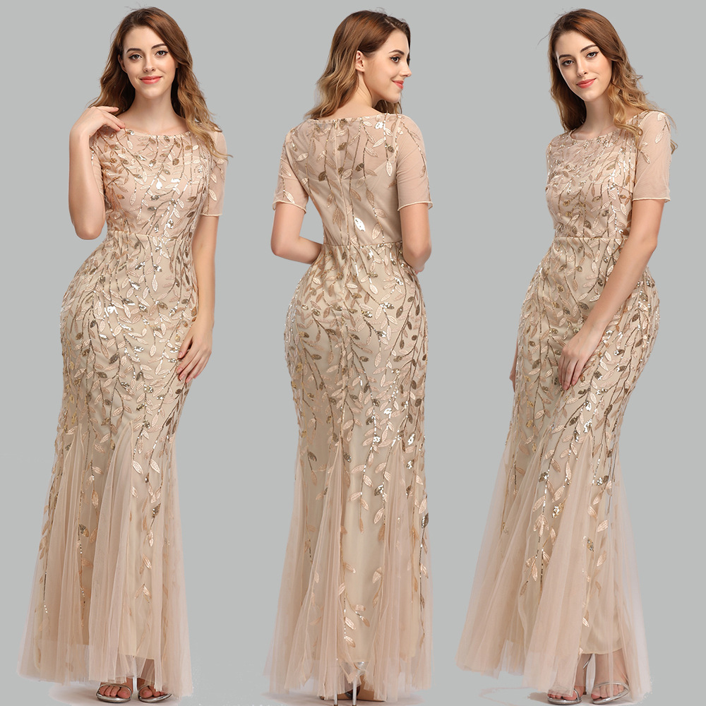 Spring and Summer cross-border 2024 banquet host European and American slim mesh sequined evening dress fishtail dress women