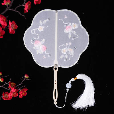 Ancient style palace fan classical embroidery fan Chinese style long and short handle round shaped round fan embroidery fan Hanfu dance fan