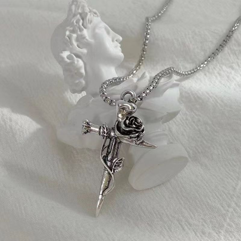 Milk Rose Cross Necklace Cold Style Long Internet Celebrity Design Light Luxury Niche Pendant Pendant Sweater Chain