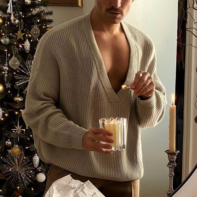 Autumn New European and American Amazon Cross-border Long-sleeved Grey Large Size Sweater V-neck Pullover Loose Sweater for Men
