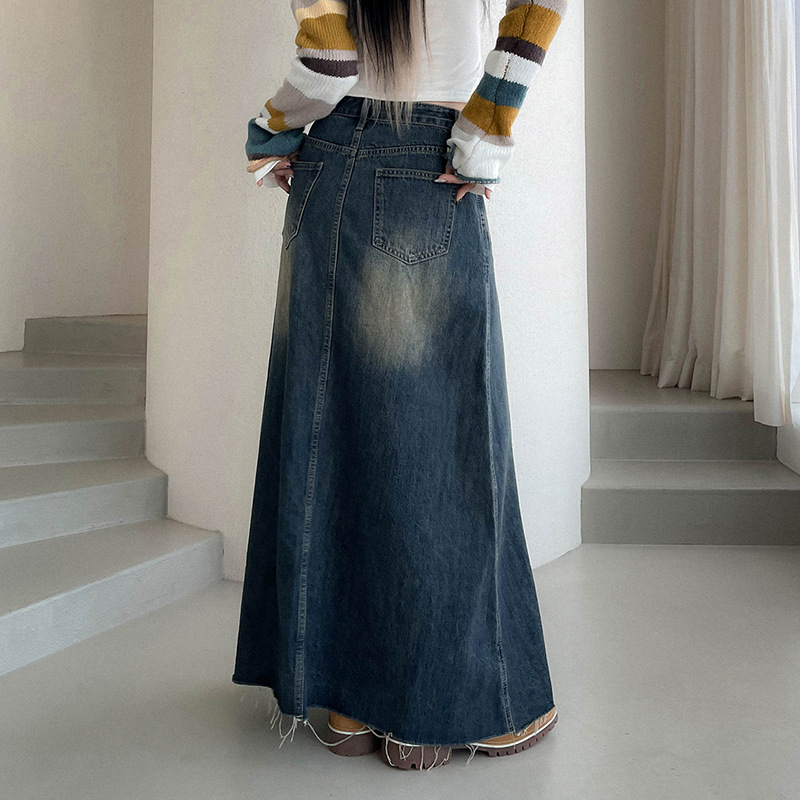 American Style Retro Denim Skirt Women's 2023 New Style Washed Old Pocket Burr Over-the-Knee Casual A- Line Long Skirt