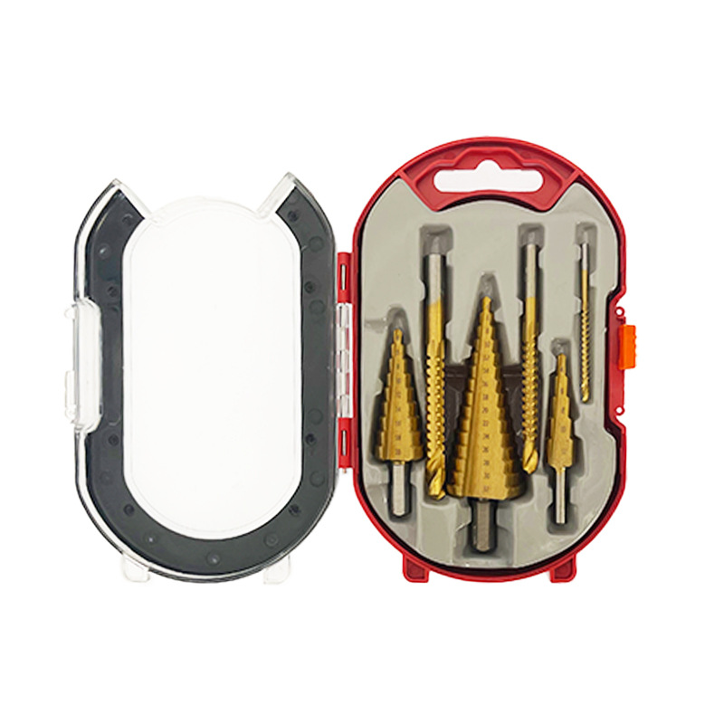 Titanium-plated step drill set with triangular shank drill bit 6PCs pagoda drill woodworking pull groove serrated drill set 4241 high speed steel