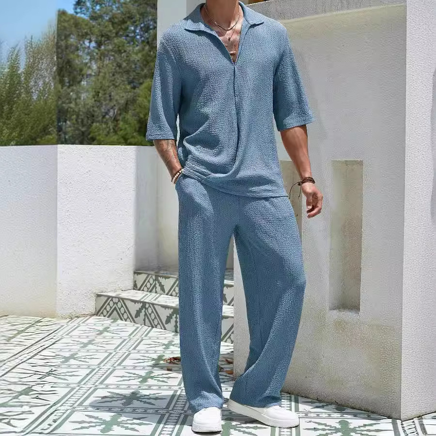 2024 European and American Amazon New Commuter Suit Casual Shirt Pure Color Short-sleeved Pants Men's Two-piece Casual Set