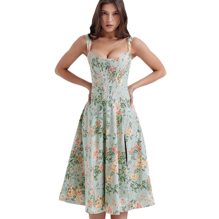 Europe and the United States cross-border Brazil hot summer sexy waist fishbone stitching strap printing strap waist dress