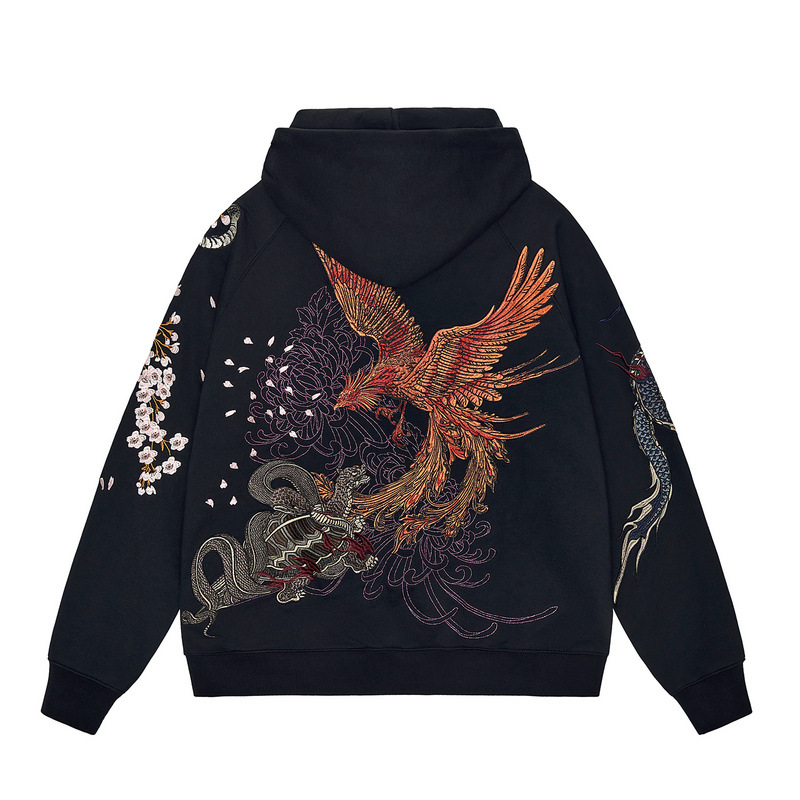 2023 Spring and Autumn Yokosuka Heavy Industry Embroidery Hooded Men's Sweater Trendy Brand Dragon Vermilion Bird White Tiger Embroidery Chinese Style Velvet