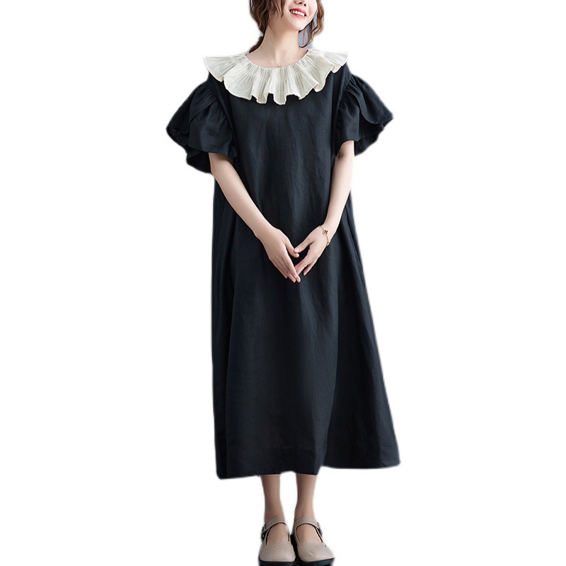 Actual shot of  new summer style trumpet sleeve lotus leaf collar black cotton and linen women's fat MM large size doll collar cotton and linen dress