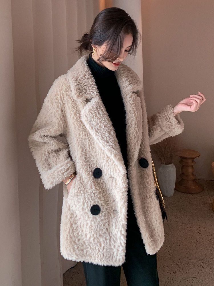 Winter mid-length fleece coat for women 2023 new suit collar lambswool fur integrated granular fleece coat_voghion.com