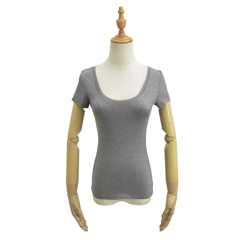 American Style Retro Sexy Large Round Neck Short-sleeved T-shirt Women's Basic Elastic Slim-fit Simple Solid Color Base Pure Desire Top