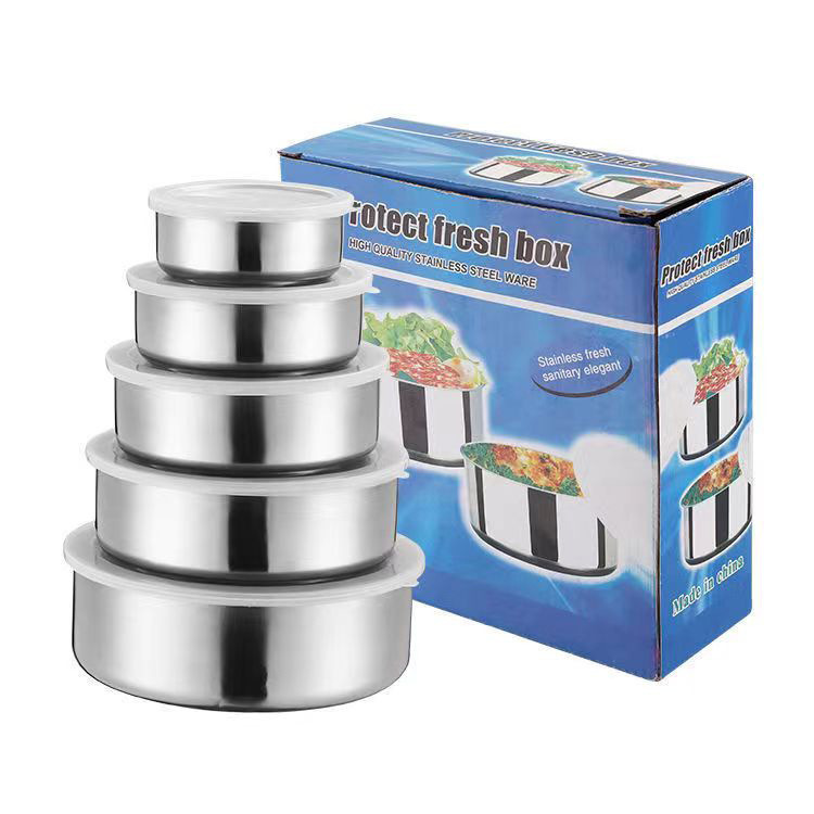 Stainless steel round sealed storage box with lid thickened household fresh-keeping bowl kitchen gift five-piece fresh-keeping box