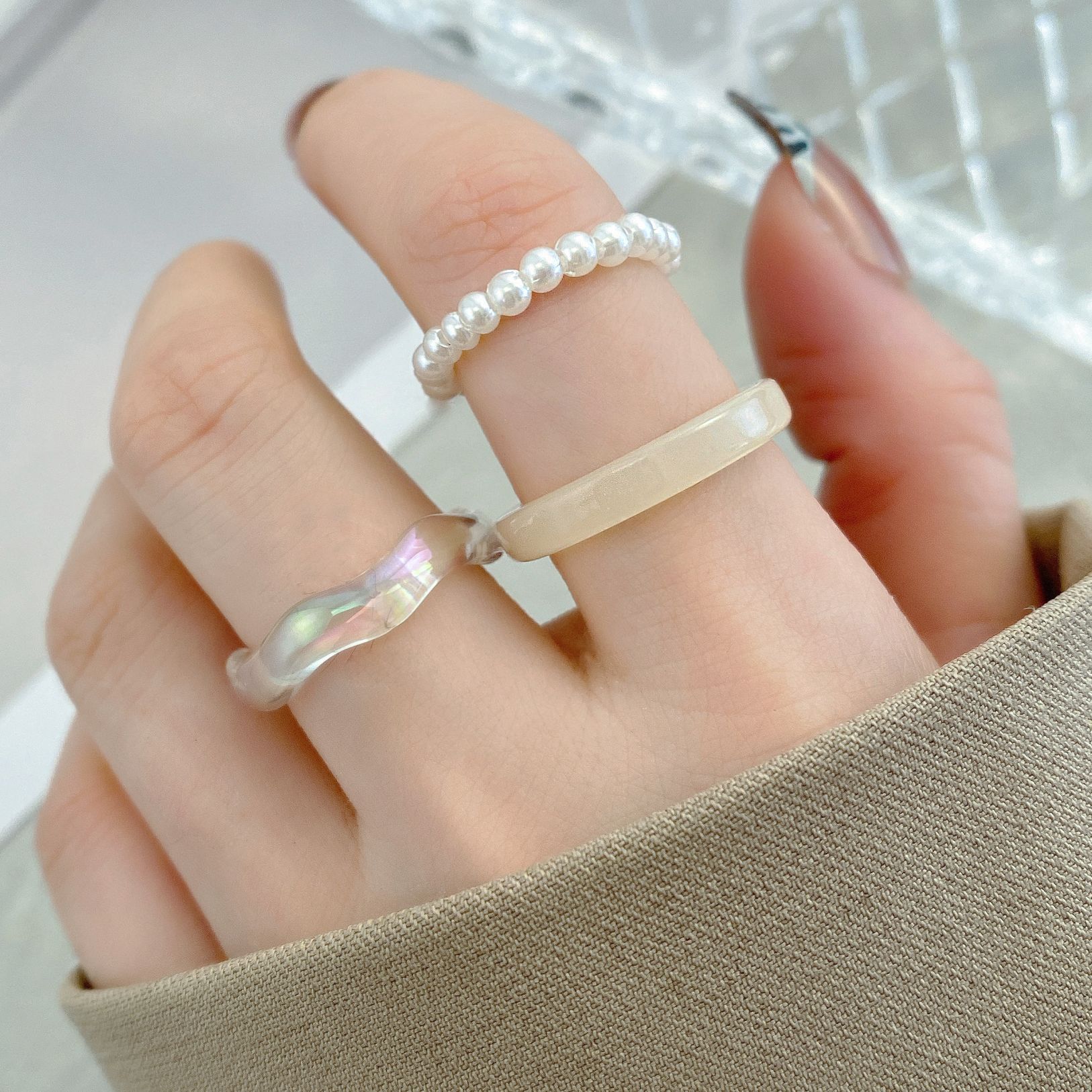 2022 Simple Resin Ring Plain Ring Pearl Ring Women's Niche High-grade Acrylic Ring Set 3-piece Set