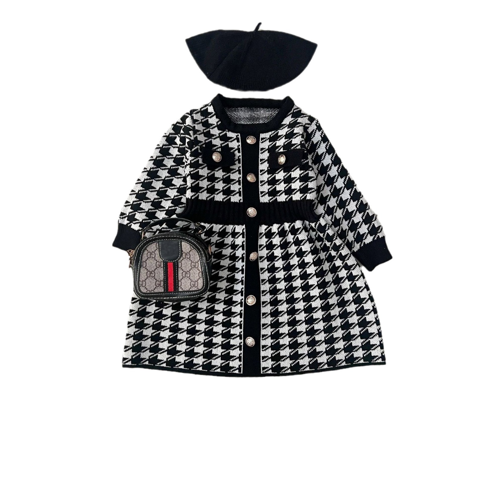 JINYONG2023 autumn and winter New girls' Chanel style dress autumn and winter western style sweater knitted plaid skirt
