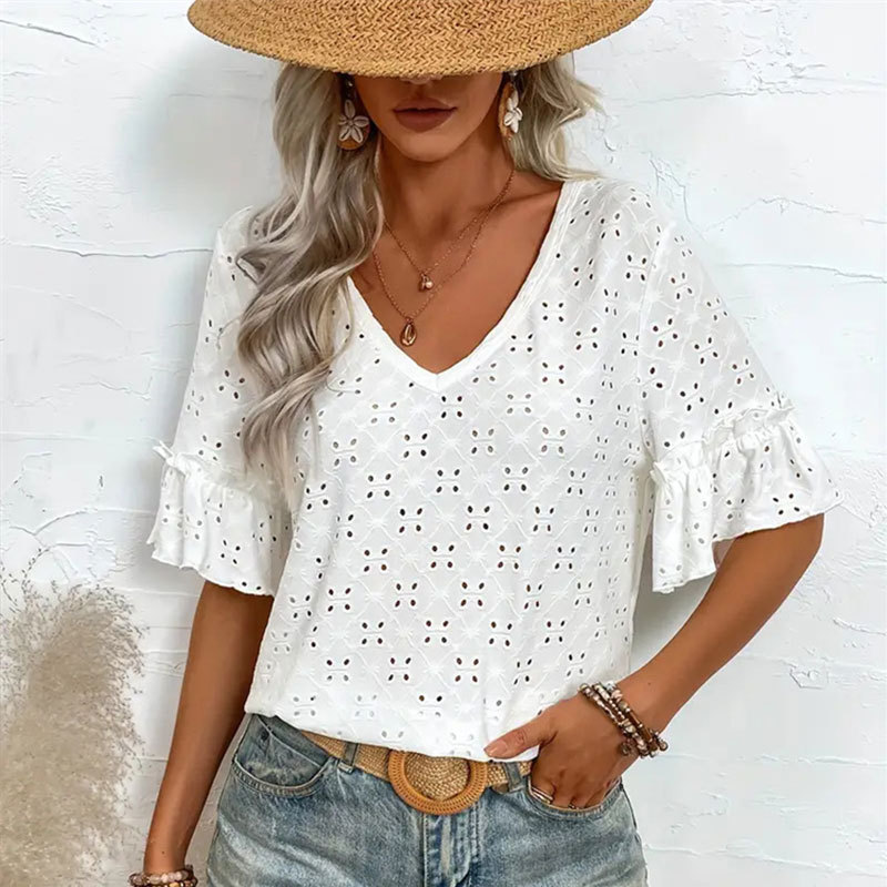 Cross-border foreign trade women's knitted embroidery hollow ruffled V-neck short sleeve jacket women's T-shirt women's spring and autumn a generation of hair