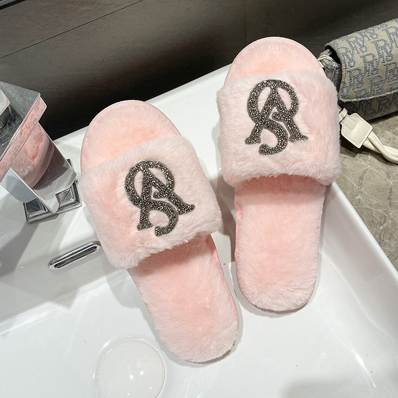 2024 foreign trade new rhinestone Mao Mao slippers women's indoor home bright diamond warm fashion open cotton slippers cross-border