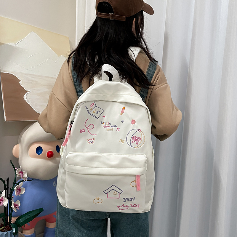 ins書包女日系小清新刺繡塗鴉簡約小學生雙肩包3-6年級休閒背包潮