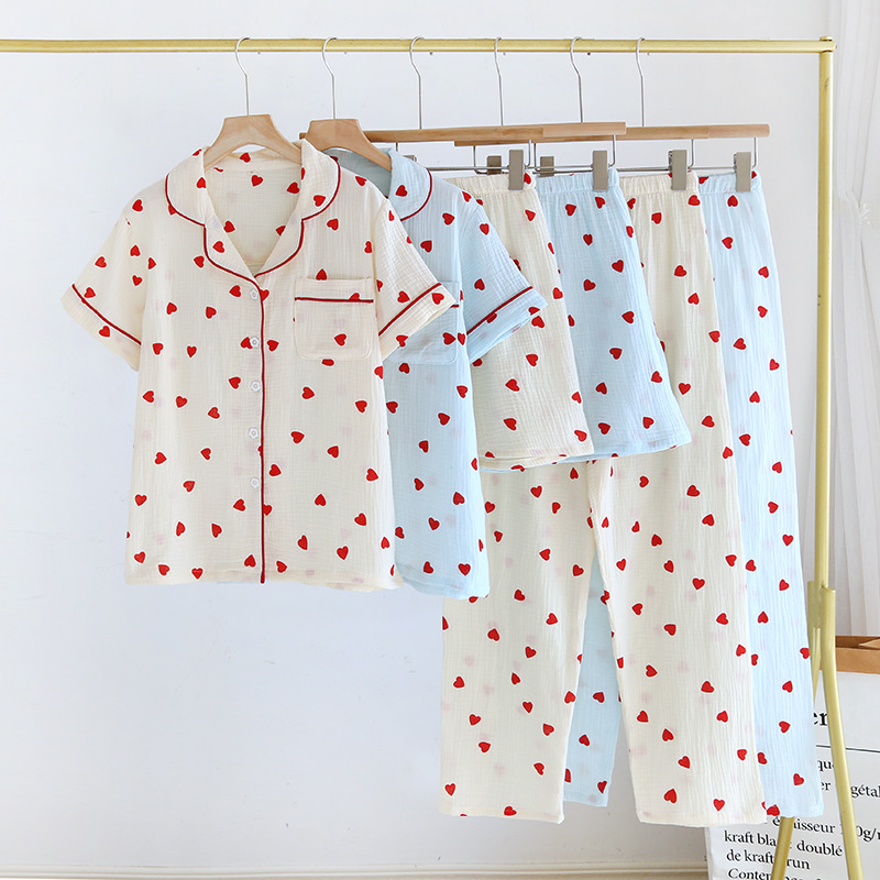 Summer Cotton Gauze Thin Short-sleeved Love Three-piece Shorts Breathable Sweat-absorbent Pants Lapel Age-reducing Pajamas Set
