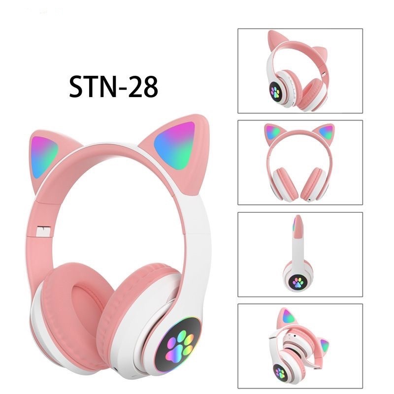 Stn28 光るカラフルな猫耳ヘッドセットワイヤレス Bluetooth イヤホンかわいい子猫の足のデザイン女の子に適しています|undefined