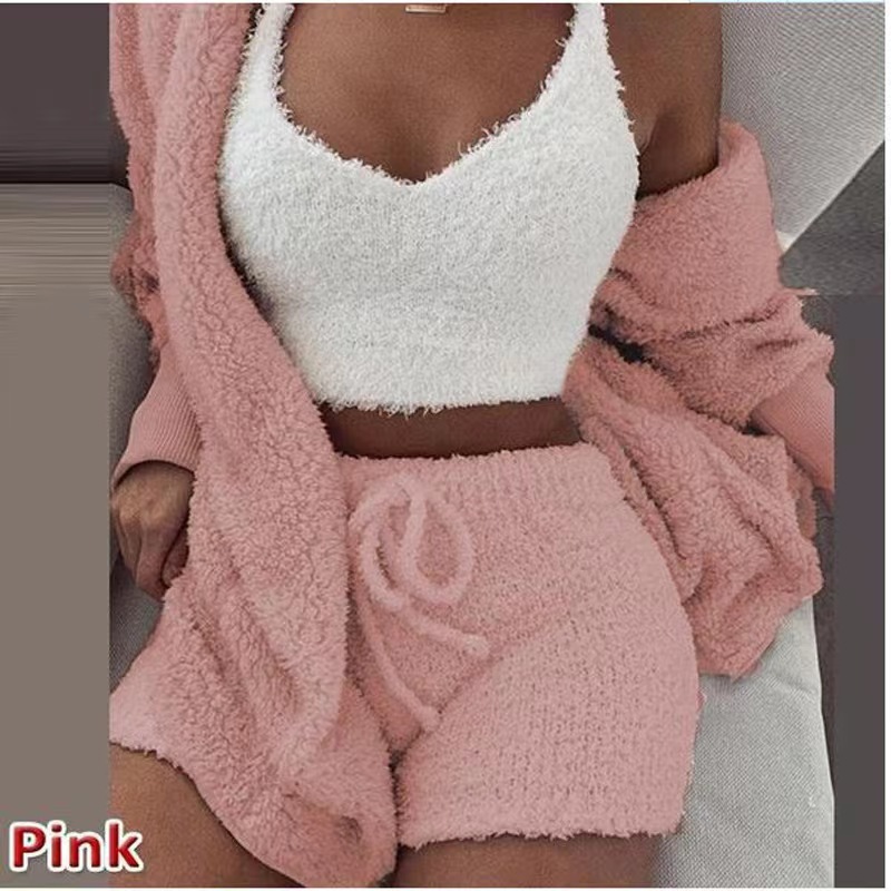 2022 Cross-border European and American Women's Winter Plush Home Clothes Casual 3-piece Pajamas Long-sleeved Shorts Sports Suit