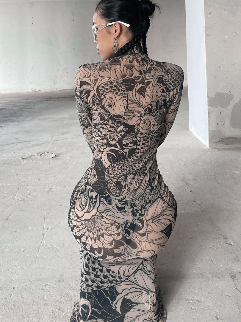 European and American cross-border women's clothing 2023 Winter new fashion mesh printed perspective turtleneck slim fit slimming dress women