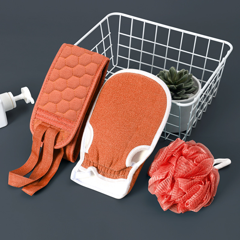 Rubbing Bath Towel Bathing Artifact Three-Piece Set Thickened Gloves Mud Rubbing Decontamination Bath Ball Combination Set Backrest Strip Rubbing Towel