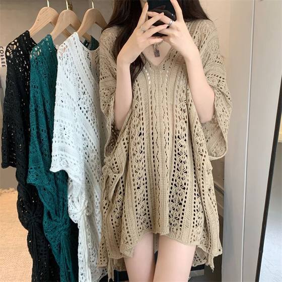 Summer Women's Cross-border Pure Desire Hollow-out Lace-up V-neck Knitted Top Lazy Western Style Mid-length Bat Sleeve Blouse