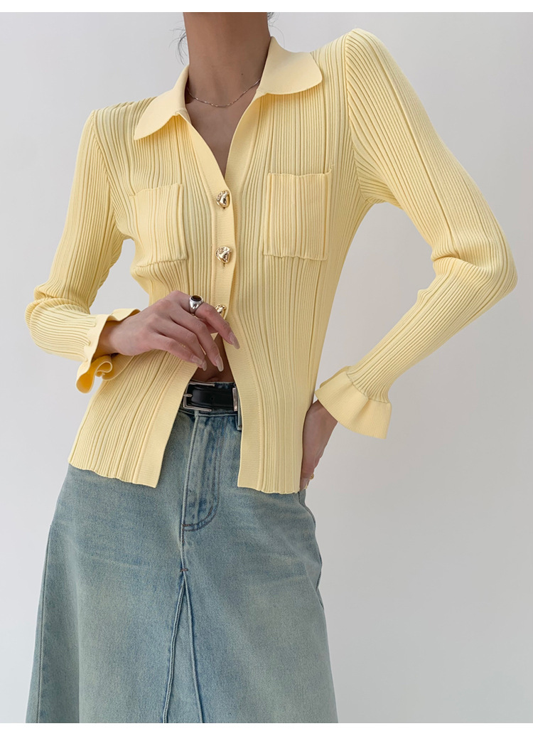 [Nouveauté le 21/03] Nouveau design Sense Split Knitted Jacket Cardigan jaune clair au printemps 2024_voghion.com