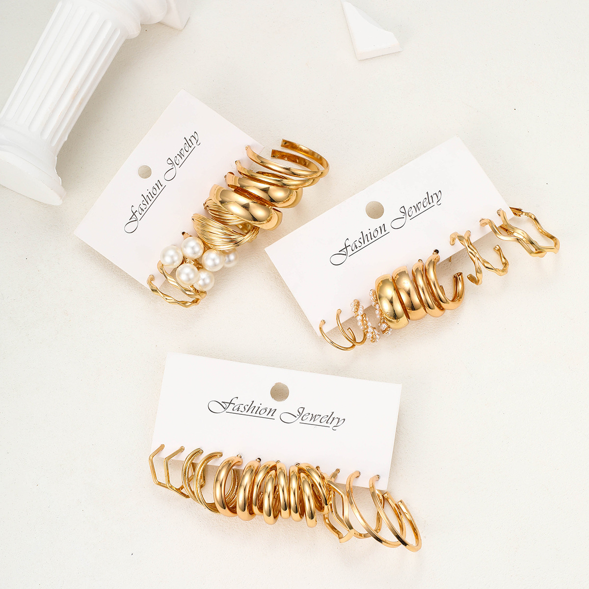 European and American cross-border new square geometric retro Pearl earrings suit combination creative personality metal earrings