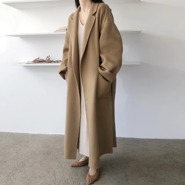 South Korea Dongdaemun 2023 autumn and winter New lace-up cashmere coat Women's Mid-length loose over-the-knee woolen coat_voghion.com