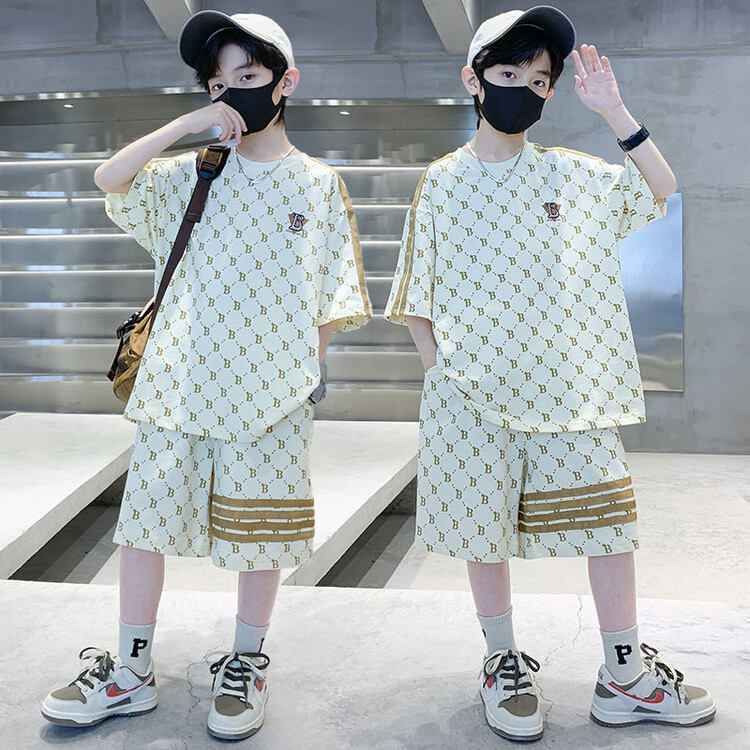 Summer new children's short-sleeved shorts suit small and medium boys letter printing candy color sports leisure two-piece set