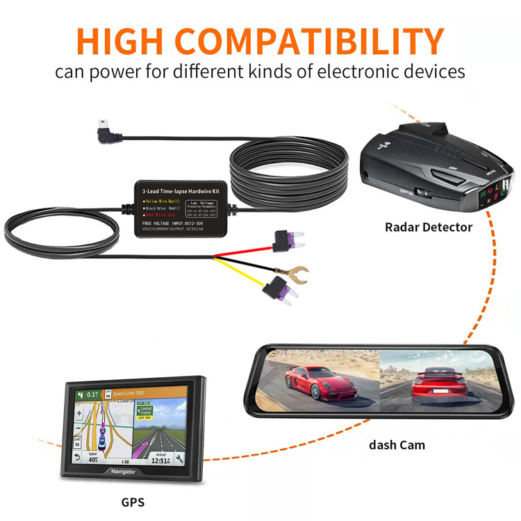 Supply car voltage reduction line three-core ACC Time video recorder 12V to 5V parking monitoring voltage reduction line