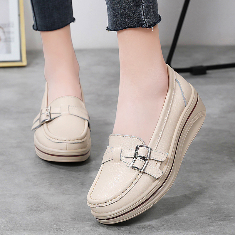 Spring and Autumn New Casual Thick-soled Wedge Large Size Slip-on Women's Single-layer Shoes Round-toe Metal Buckle Set-up Shoes for Moms