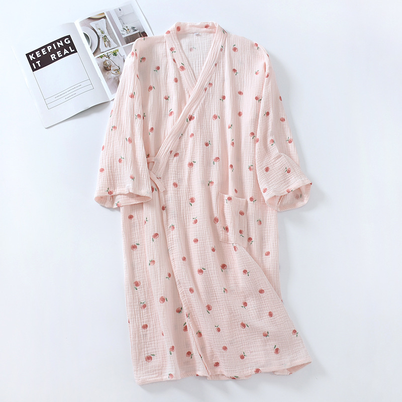 MUJI-style Fresh Japanese Style Pure Cotton Washed Gauze Long Kimono Nightgown Nightgown Cardigan Lace-up Bathrobe Sweatshirt