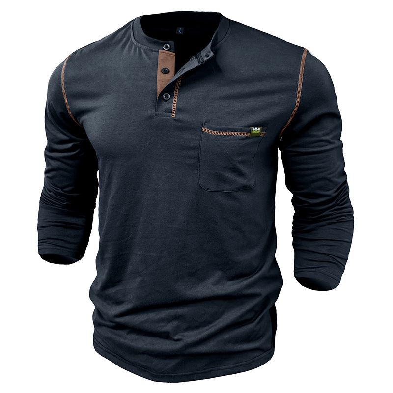 2024 European and American men's Henry shirt foreign trade long sleeve t-shirt men Amazon color matching knitted t-shirt men wholesale