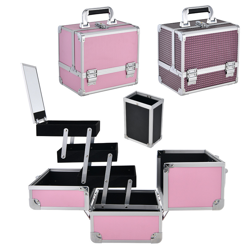 Portable aluminum alloy cosmetic case with diamond pattern ABS large capacity high-end mirror cross-border storage case with mirror
