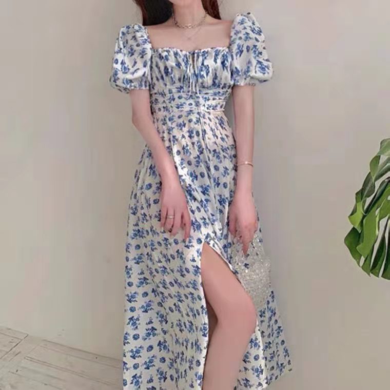 Blue Floral Dress Women's 2023 Summer New Long Split Long Dress Elegant Design Tea Break French Dress