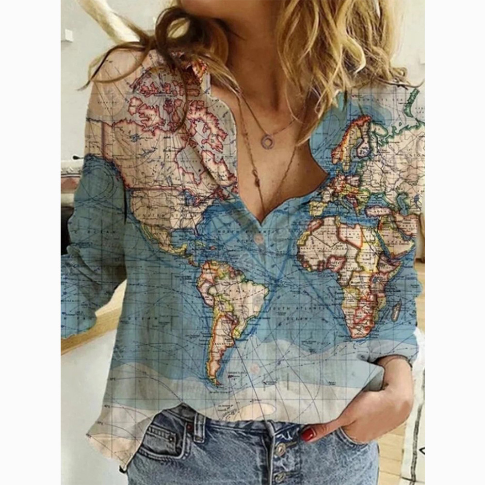 Women's 2024 Autumn New Shirt Fashion Map Depicting Printed Long Sleeve Top for Women