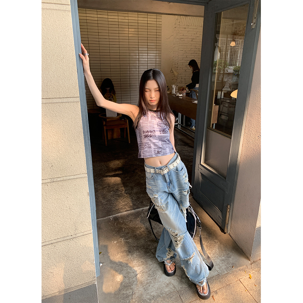 9hour High Street Ripped Jeans Women's 2024 Summer New Ins Loose Wide Leg 90538 Pants