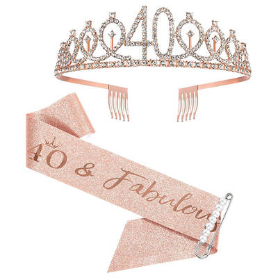 Digital Crown 30 40 50 60 Birthday Set Headband Rose Gold Ribbon Pearl Pin Rite Rendors with 3 PCs