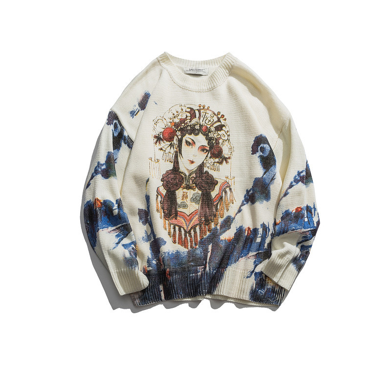 National Fashion Autumn and Winter Sweater Men's Fashion Brand ins All-match Fashion Korean Printed Pullover Round Neck Sweater Top for Couple