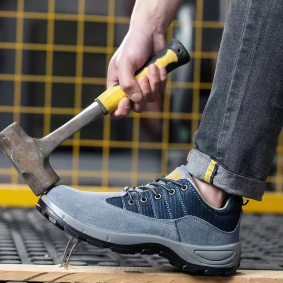 Summer Breathable Labor Protection Shoes Anti-fleece Cowhide Breathable Blue Net Solid Bottom Wear-resistant Anti-smashing Anti-puncture Safety Work Shoes