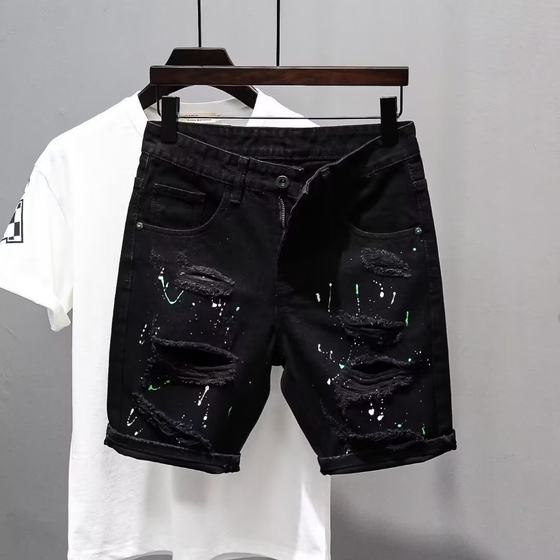 Summer Rapped Thin Denim Shorts Men's Black All-match Popular Washed Slim-fit Five-point Trendy Brand Pants for Youth