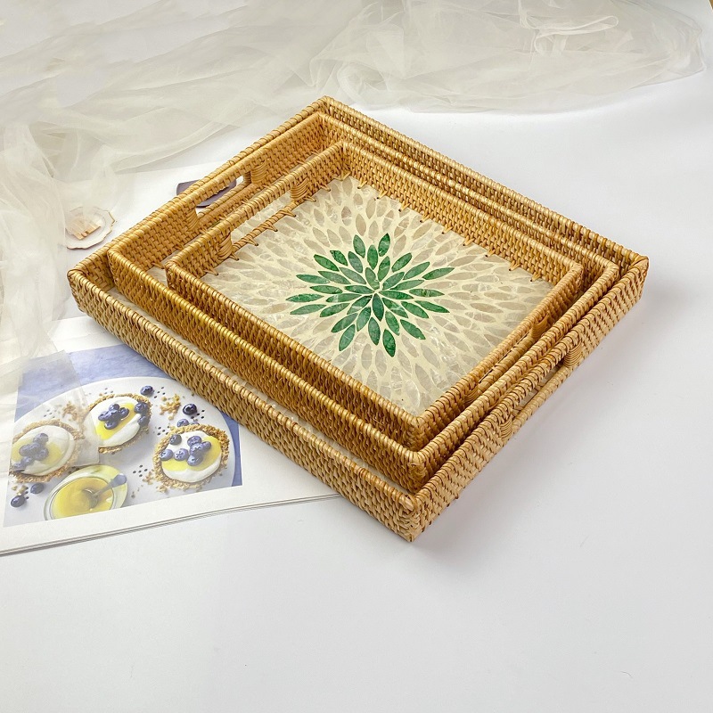 越南藤編織桌面彩貝殼茶盤果盤首飾化妝品收納托盤長方形置物盤籃