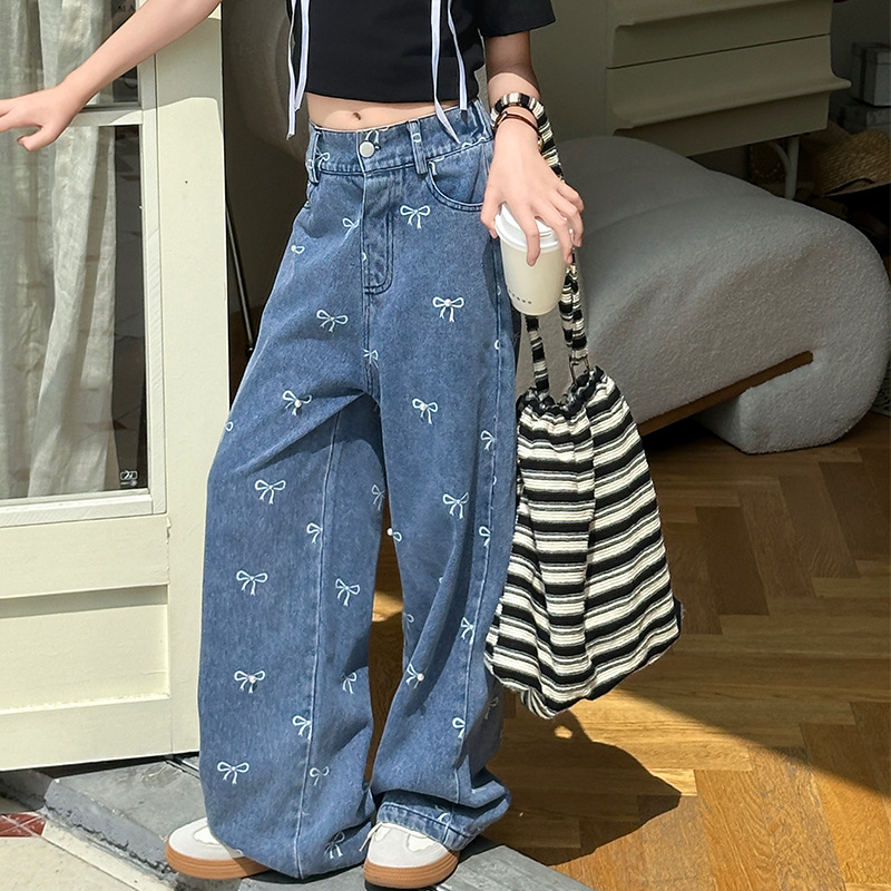 Women's Large Children's Summer Pants 2024 New Arrival Elastoelastic Waist Jeans Bow Printed Wide Leg Pants Fashionable Western Style